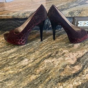 Red with gold and black wedge heels